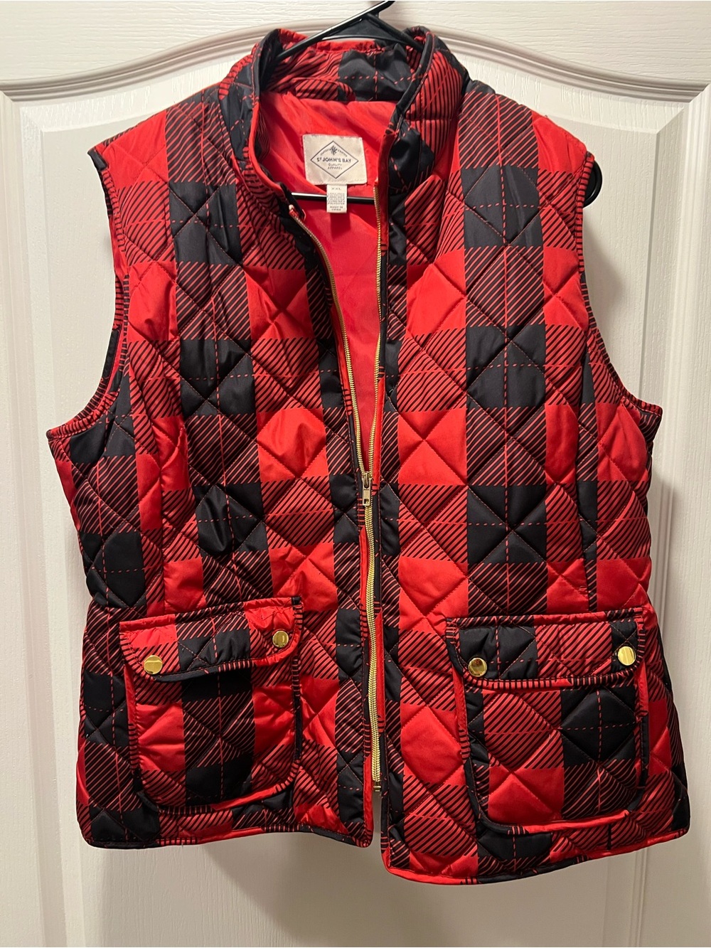 St. John's Bay Red and Black Quilted Plaid Puffer Vest